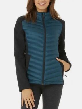 32 Degrees Teal Front Black Sleeve Quilted Hybrid Puffer Jacket